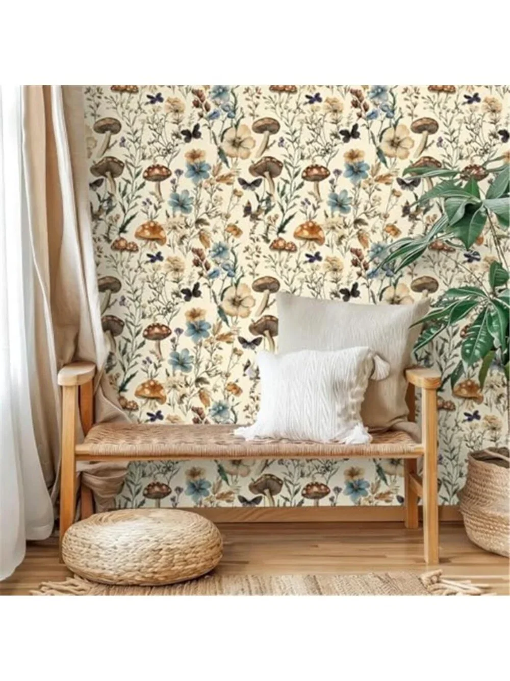 Mushroom Forest Peel Stick Wallpaper Boho Vintage Floral Contact Paper Beige